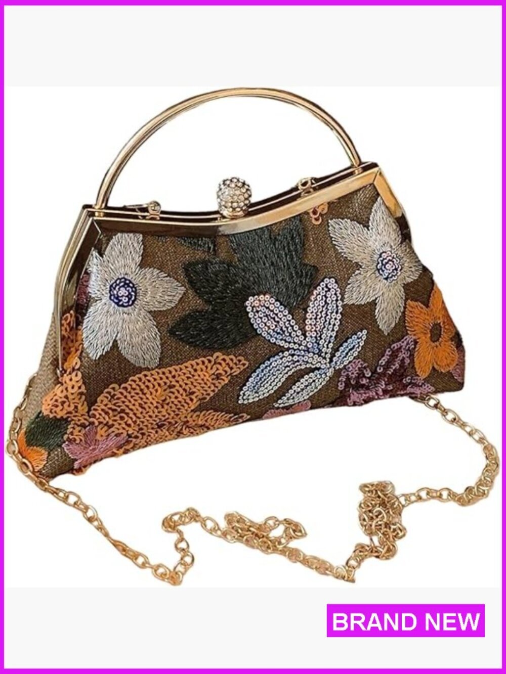 Floral Embroidery Clutch Purse Vintage Top Handle Handbag Kiss Lock Evening Bag - Picture 1 of 6